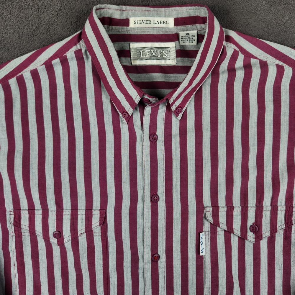 Vintage Levis Silver Label Shirt Mens XL Burgundy Gray Striped Button Up Big E